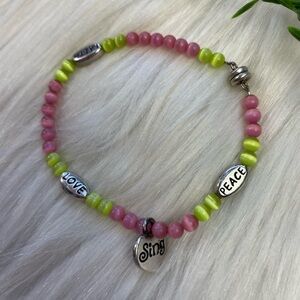 Green pink cats eye sing peace love faith bracelet